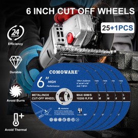 COMOWARE 25+1 paquete de ruedas cortadas de 3 pulgadas – discos de molienda de óxido de aluminio y corindón, 3x1/16 x 3/8 pulgadas ultra delgadas, ruedas de corte angular de alta velocidad para metal,