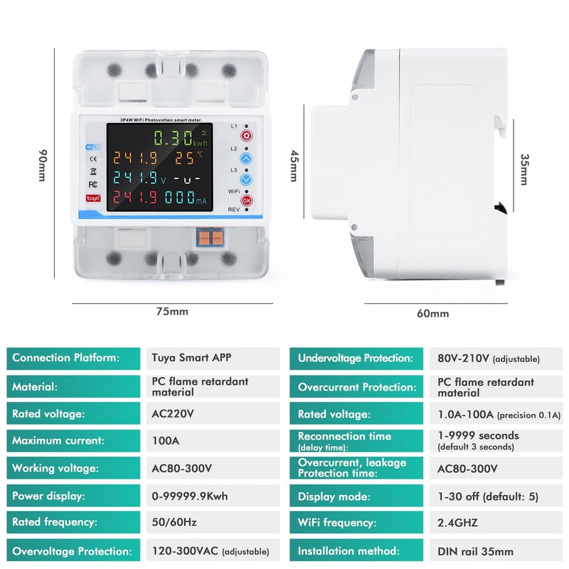 4P 3 Phase 100A WiFi Smart Energy Power Meter with