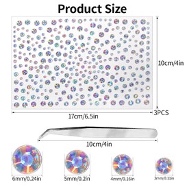 3 Sheets Rhinestone Stickers Self Adhesive Gems 3-6mm Diameter Face Jewels Stickers Bling Diamond Crystal Stickers Sparkly Laser Pearls for Face Eye Makeup Nail Body Crafts includes Tweezers