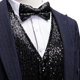 Barry.Wang Mens Black Sequins Vest Formal/Leisure V-neck Shiny Waistcoat Bowtie Set Prom Party Tuxedo