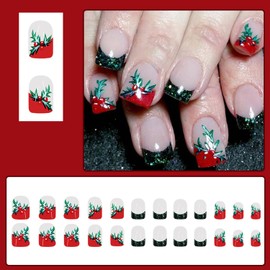 24 Pcs Christmas Press on Nails Short Square - ZIFANHU Dark Green Glitter Fake Nails Press Ons French Nail Art Tips Glue on Nails Cute Cherry Designs Full Cover Acrylic Red False Nails for Women