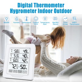 Indoor Outdoor Thermometer Wireless with 3 Remote Sensors, Digital Temperature Humidity Monitor Gauge with 500FT/150M Range, Temp Alert and Backlight