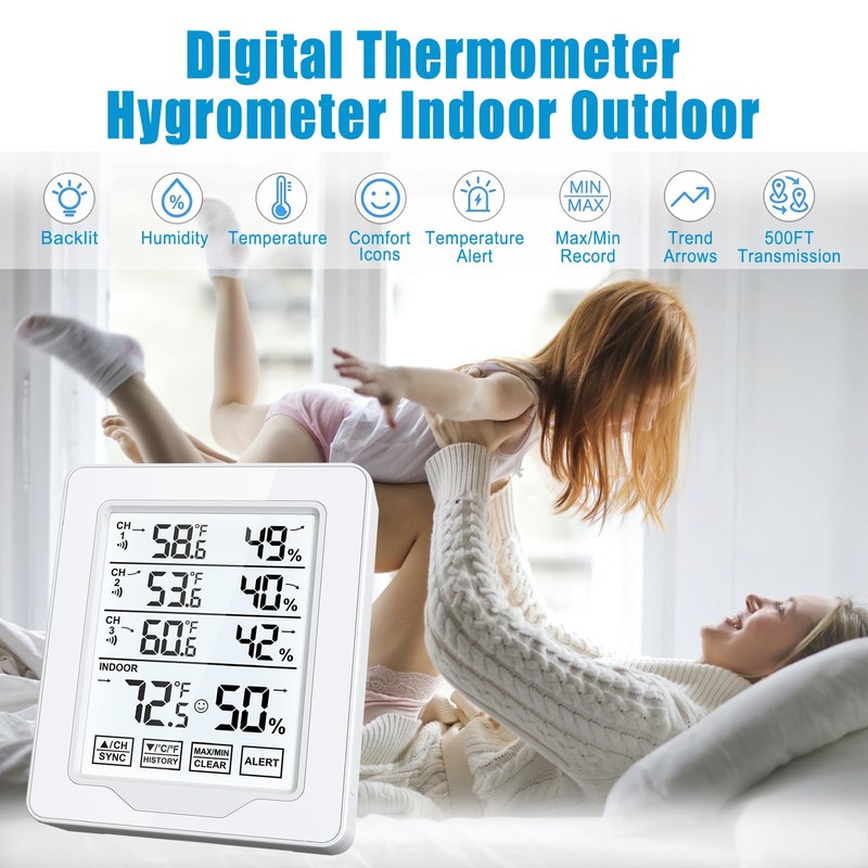 Indoor Outdoor Thermometer Wireless with 3 Remote Sensors, Digital Temperature
