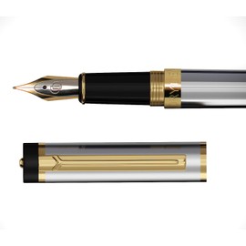 Dryden Designs Fountain Pen - Medium Nib and Fine Nib | Includes Premium Box, 6 Ink Cartridges - 3 Black 3 Blue and Ink Refill Converter - Metallic Silver