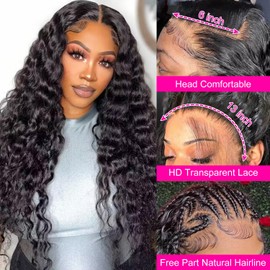 Ice Pear 13x6 Deep Wave Lace Front Wigs Human Hair 24 Inch HD Transparent Deep Curly Lace Frontal Wigs Human Hair 150% Density Glueless Wigs Human Hair Pre Plucked with Baby Hair Natural Color