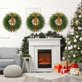 Yuxung 3 Pcs 24 Inch Christmas Norfolk Pine Wreath Artificial Real Touch Norfolk Wreath Winter Farmhouse Greenery Decoration with Ribbon Bow for Front Door Xmas Indoor Outdoor Home Decoration(Brown)