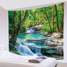 Green Forest Wall Tapestry Extra Large Waterfall Nature Tapestry Tree Tapestries for Bedroom Living Room Dorm Decor 91x71 Inches