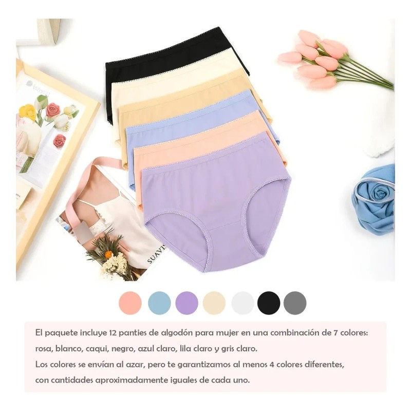 12pz Calzones Mujer Pantaletas Algodon95% Dama Ropa Interior
