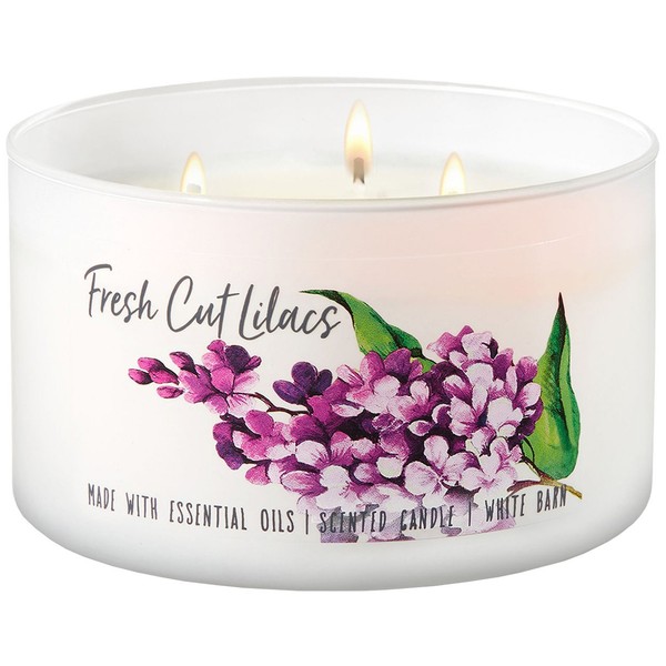 Bath and Body Works White Barn 3 Wick Low Profile Scented Candle Fresh Cut Lilacs 14.5 Ounce with Essential Oils