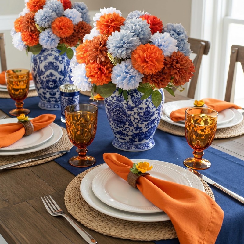 Wavyknot 6 Pcs Artificial Chrysanthemum Flower Blue and Orange Faux