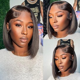 Karlami 13X4 Bob Wig Human Hair Frontal Lace Wig Glueless Wigs Human Hair Pre Plucked Transparent Bob Lace Front Wigs for Women 150% Density (Black, 10 inches)