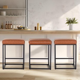 Erste!Bravo Brown Counter Height Bar Stools Set of 3 for Kitchen Counter 24 Inch Backless Modern Barstools Industrial Upholstered Faux Leather Stools Farmhouse Island Chairs,Support 330 LBS, Brown
