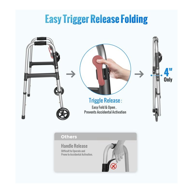 HOMLAND Walkers for Seniors, 2-Button Folding Walkers with Wheels, Lightweight