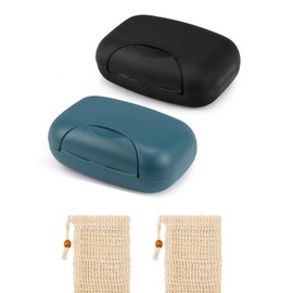 2Pcs Soap Box with Leakproof Design and Sisal Soap Bags Travel Bathroom Shower School Gym Hiking Use Dark Blue Black
