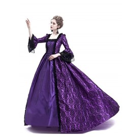Velcoxplay Women's Medieval Victorian Queen Dress, Long Sleeve Medieval Renaissance Costume, Gothic Lolita Party, Rococo Puff Sleeves, Maxi Dress, Purple, L