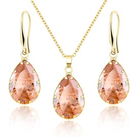 Linawe Jewellery Set, Bridal Jewellery, Wedding Jewellery, Women's Earrings Hanging and Pendant Chain Necklace, Available in Silver, Gold and Rose Gold, Yellow Gold Copper Gemstone, Created Citrine