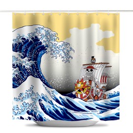 TALIHO Anime One Piece Shower Curtain Thousand Sunny Oda's Art Ukiyo-e for Bathroom Decor Waterproof Polyester Fabric Bath Curtain with 12 Hooks,70 x 70 inch