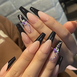 Gufonkod Black French Tip Press on Nails Long Coffin Butterfly Fake Nails with Glue on Nails for Women Rhinestones Acrylic Stick on Nails 24PCS
