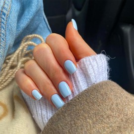 KQueenest 48 Pcs Baby Blue Press On Nails Short Square, Fake Nails Press ons Short Coffin, Pure Color False Nails, Soft Gel Stick on Nail for Women Daily Wear