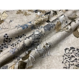 Geisha Japanese Pagoda Oriental Twill Flower Curtain Fabric Linen Look Material – 140 cm Wide Textile – Beige (Sold by the Metre)