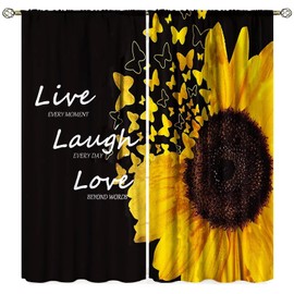 Black Yellow Sunflower Curtains Farmhouse Floral Girls Bedroom Decor Rustic Flower Butterfly Women Nature Living Room Window Drapes Fabric 2 Panels 42Wx45H Inch Blackout