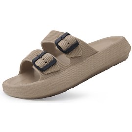 Weweya Men Women Pillow Sandal Slipper Adjustable Twin Buckle Slides Thick Sole Squishy Foam Sandal Khaki Men Size 7 7.5 8 Women Size 8 8.5 9