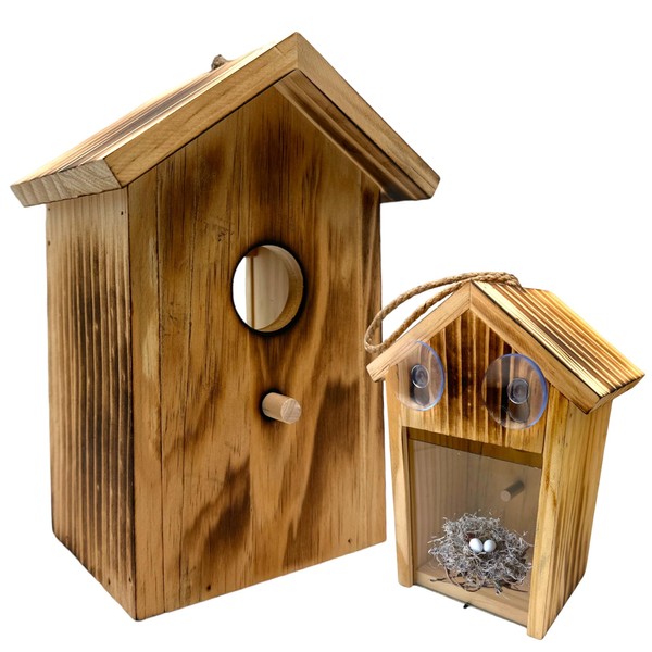 2-Pack Transparent Window Bird House with Suction Cups & Lanyard - Outdoor See-Through Wooden Design Birdhouse for Easy Bird Watching for Kids & Adults (Brown)