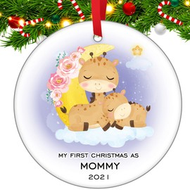 First Christmas As Mommy Ornament Giraffe Mama and Baby Christmas Ornaments Rose Moon Xmas Hanging Ornament Christmas Tree Decorations First Christmas 2021 Ceramic Ornament Gift for Baby New Parents