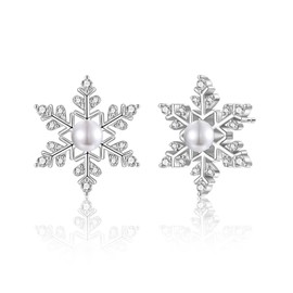 Christmas Gifts Pearl Earrings for Women | Snowflake Cubic Zirconia Pearl Earrings Studs | Hypoallergenic Piercing Cartilage Jewelry Christmas Birthday Gifts for Ladies Silver Color