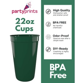 PartyPrints 100 Pack 22oz Kelly Green Reusable Blank Plastic Cups, Colored Plastic Drinking Cups, Food-Grade Party Cups, Stackable Water Cups for Parties, Weddings, Events or DIY Projects