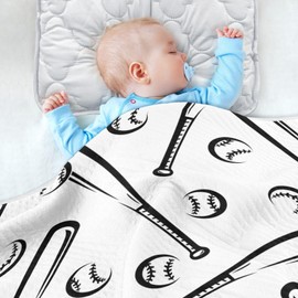 KICPOAY Baseballs White Black Baby Swaddle Blanket for Boys and Girls, Muslin Baby Receiving Swaddle Blanket, Soft Cotton Nursery Swaddling Blankets for Newborn Toddler Infant