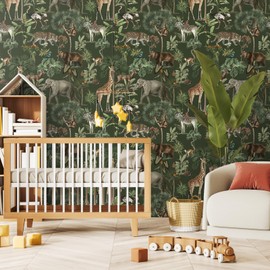 VEELIKE Green Animal Tropical Wallpaper Peel and Stick Jungle Safari Wallpaper for Bedroom Nursery Bathroom 17.7''x354'' Prepasted Removable Forest Wall Paper Green Contact Paper for Cabinets Walls
