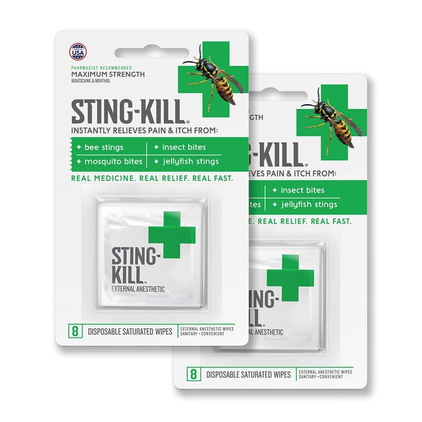 Sting-Kill First Aid Anesthetic Wipes, Instant Pain + Itch Relief from Bee Stings and Bug Bites, 8-Count (Pack of 2)