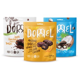 DORREL - Trio Bundle Pack: Belgian Dark Chocolate Covered Dates (Medjool) + Chocolate Dates with Candied Orange Peels & Coconut Stuffing, High Energy Choco Snack Kosher & Non-GMO Pack of 3, 7.05 oz Ea