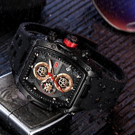 YUNSML Mens Watches Fashion Sport Luxury Tonneau Watches for Men Chronograph Waterproof Dress Business Work Watch Large Square Face Analog Luminous Calendar Men Wrist Watch Black Silicone Strap