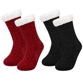 Chalier Fashion 2 pair Slipper Fluffy Socks for Women Warm Fuzzy Casual Knitted Socks Bed Slippers Anti Slip Gift for Lady