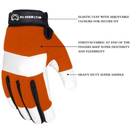 WESTWOOD FOX Gardening Working Gloves Garden Thorn Proof Flexible Heavy Duty Leather Mechanic Utility Dexterity Breathable Construction Gloves for Work Mens Women (Large, Orange)