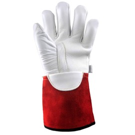 Stauffer High Voltage Cowhide Electrical Glove Protectors | 32 Cal/cm2 ATPV Rating, Red/White Color, Gauntlet Cuff - Large (1 Pair)