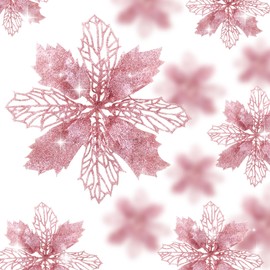 Wironlst 16 Pcs Glitter Poinsettia Flowers Artificial - Christmas Gold Poinsettia Decorations Tree Flowers Ornaments for Xmas/Holiday/Seasonal/Wedding Decor (Pink)