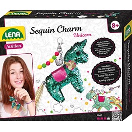Lena 42660 Craft Set Sequin Charm Unicorn, Complete Set for 1 Sequin Lucky Charm/Key Ring with Faux Leather Ribbon, Beads, Needle, Filling Wool and Instructions (English language not guaranteed), Set