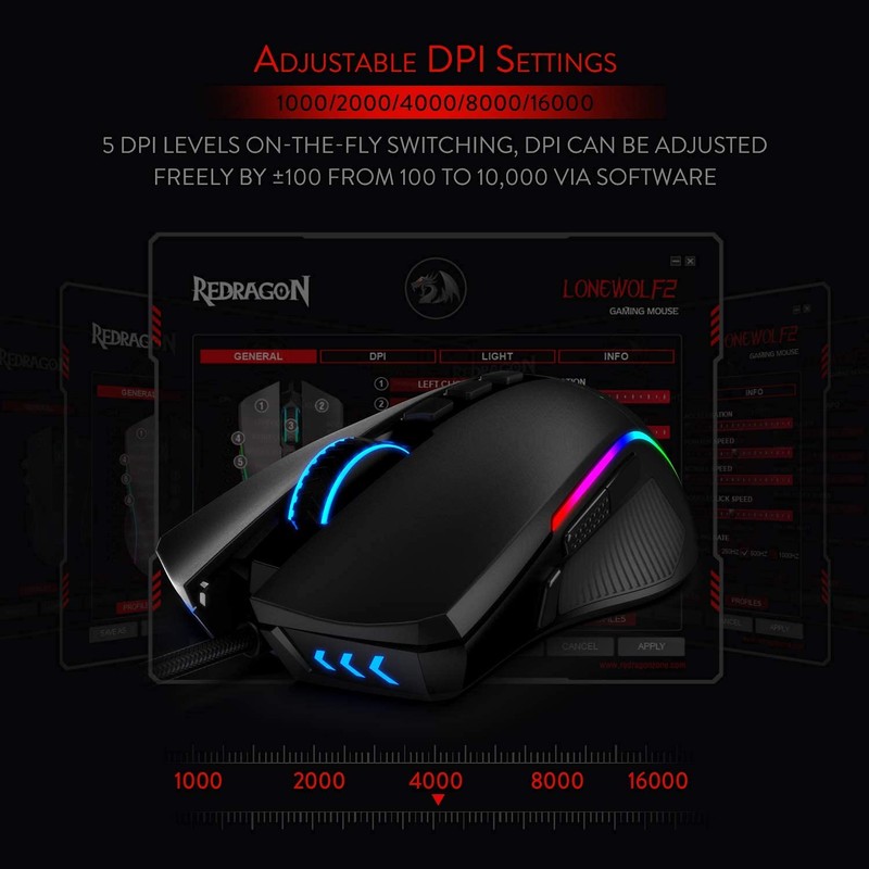 Redragon Lonewolf 2 Gaming Mouse 32000 DPI RGB Lighting Black
