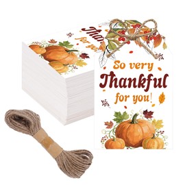 SerpizePaty 50Pcs Thanksgiving Gift Tags with String, 3.3x2.1 Inch So Very Thankful for You Tags with Pumpkin Leaf, Thanksgiving Name Tags for Gift Bags Fall Day Autumn Holiday Party Favors DIY Craft