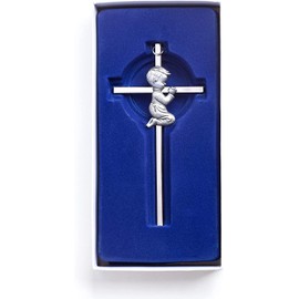 Silver Boy Wall Cross, Blessing Baby Metal Cross, Praying Boy Plaque Wall Decor Cross, Great for Baptism, Perfect for First Holy Communion, Baby Shower, Birthday and Christening