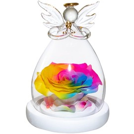 roliys Preserved Real Flower Rose in a Glass Angel Statue Cover，Immortality Rose，Desktop Decoration a Gift for Mother’s Day Christmas Valentine’s Day Anniversary Girlfriend Birthday Women (Rainbow)