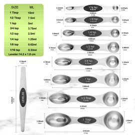 Magnetic Measuring Spoons Set Stainless Steel with Leveler, Dual-Sided Metal Measuring Spoons for Baking & Cooking, Fits in Spice Jars, Must-have Kitchen Gadgets, 8 Measuring Spoons & 1 Leveler, Black