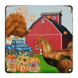Retro Wall Plaques Farm Barn Sunflower Leopard Truck Hello Fall Chicken Metal Tin Sign Thanksgiving Decorations Metal Wall Decor Sign Farmhouse Autumn Art Sign for Porch Outdoor Bedroom 10x10in