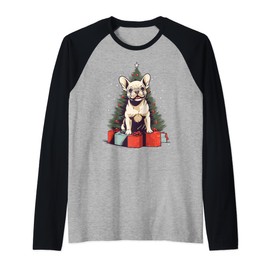 Christmas Tree, ornaments and Cute Frenchie Santa Christmas Raglan Baseball Tee