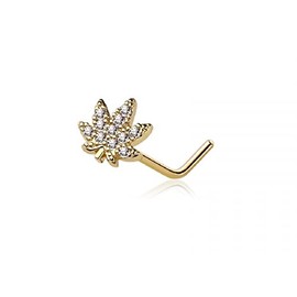 Pierced Owl 20GA 316L Stainless Steel CZ Crystal Paved Pot Leaf Top L-Bend Nose Stud, Metal, cubic zirconia