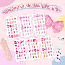 144 Pieces 6 Pack Kids Press on Nails Artificial Fake Nails for Kids Girls Pre Glue Full Cover Short Acrylic False Nail Tips Art Kits Gifts for Girls Nail Art Decoration (Sweet pink)