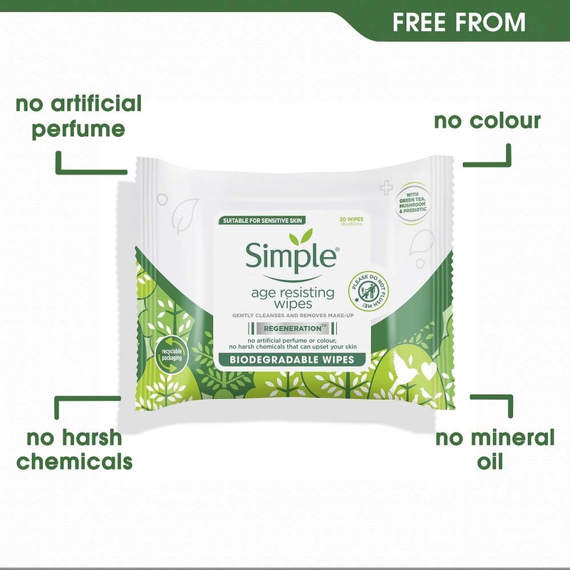 Simple Regeneration Age Resisting Biodegradable Facial Wipes remove make-up and